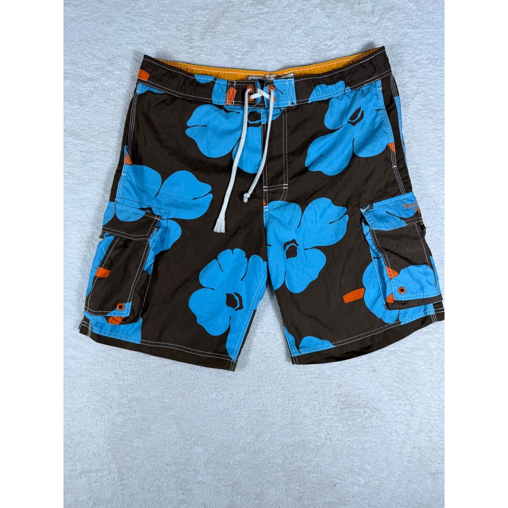 American Eagle Board Shorts Mens Large Brown Blue Floral Y2K Cargo Swim Trunks
